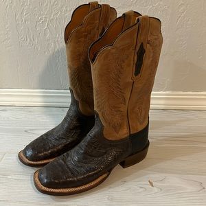 Lucchese cowboy boots, tan and dark brown, ostrich. Worn only once.